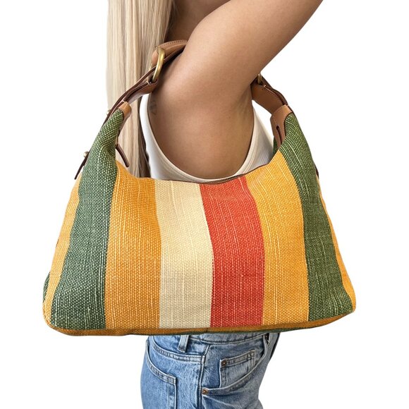 Gucci Handbags - GUCCI Vintage Horsebit Multicolor Stripe Hobo Bag Zip Camel Canvas [106018]
